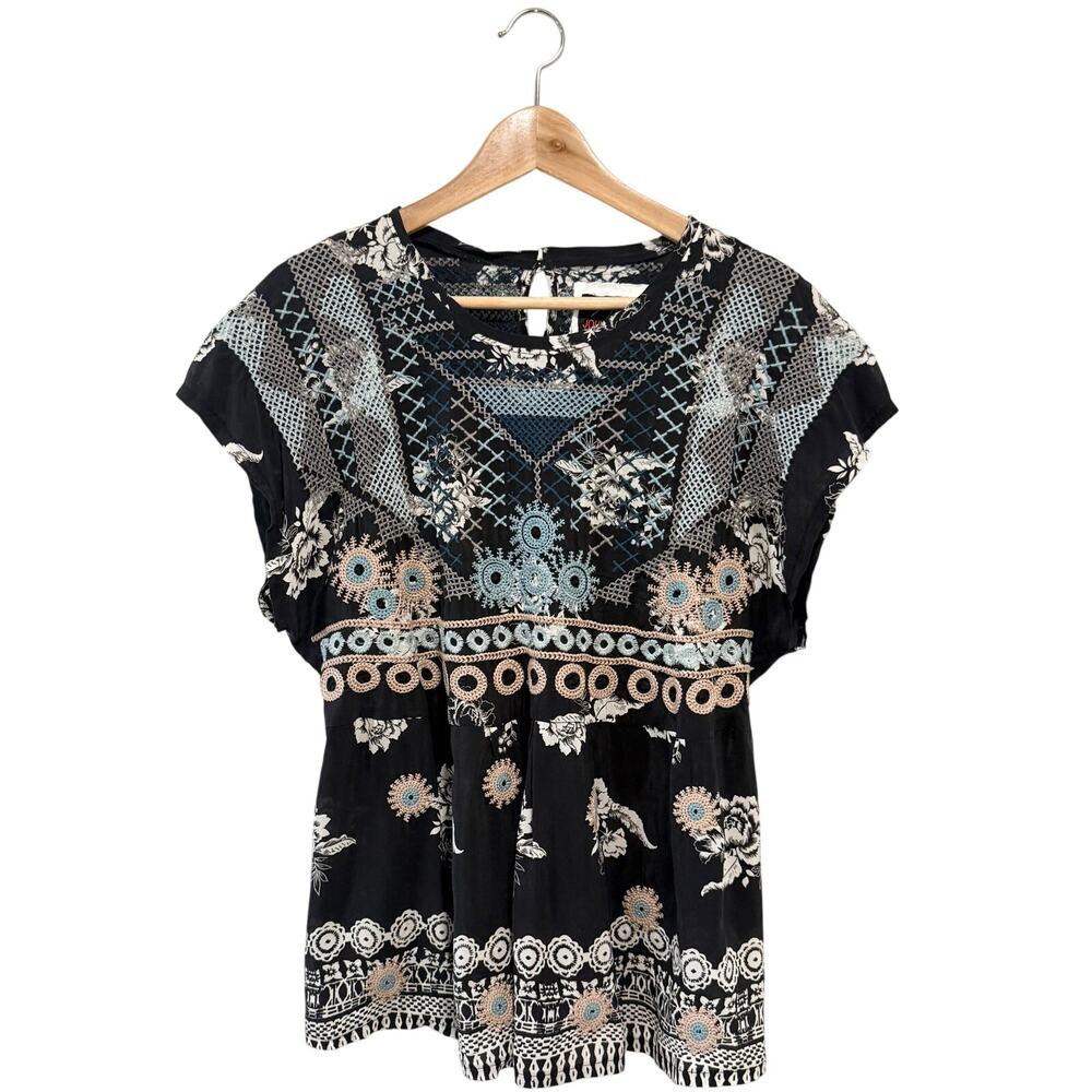Johnny Was Biya Silk Embroidered Blouse Large Black Floral Tie Back Boho Tunic